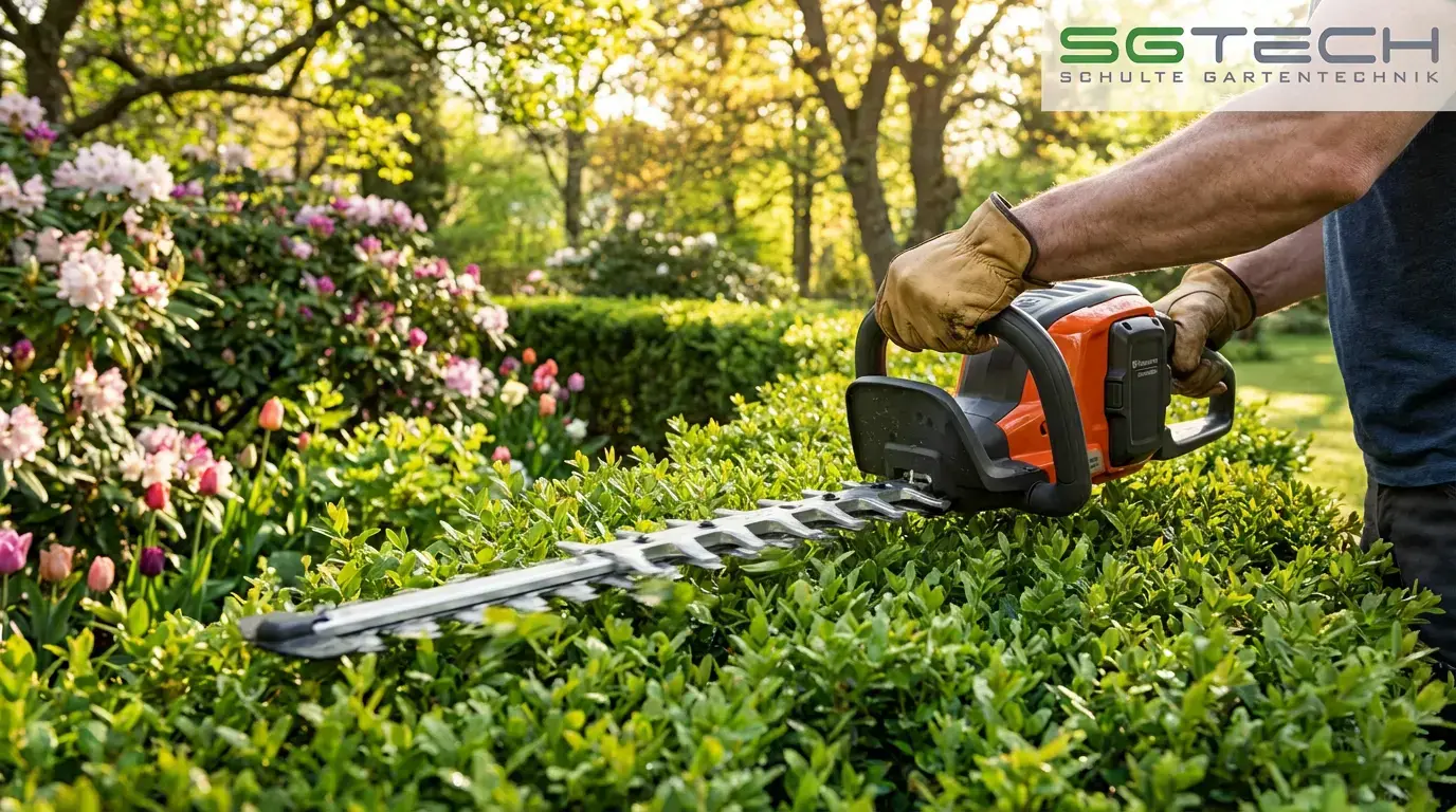 Bild einer Husqvarna 522IHD60 Heckenschere beim Heckenschnitt im Garten.