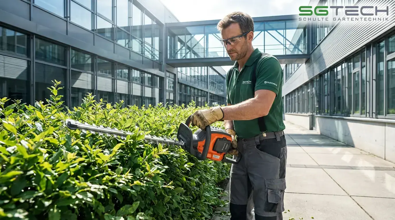Ein Mann schneidet eine Hecke mit der Husqvarna 522IHD60 Heckenschere, Nahaufnahme.