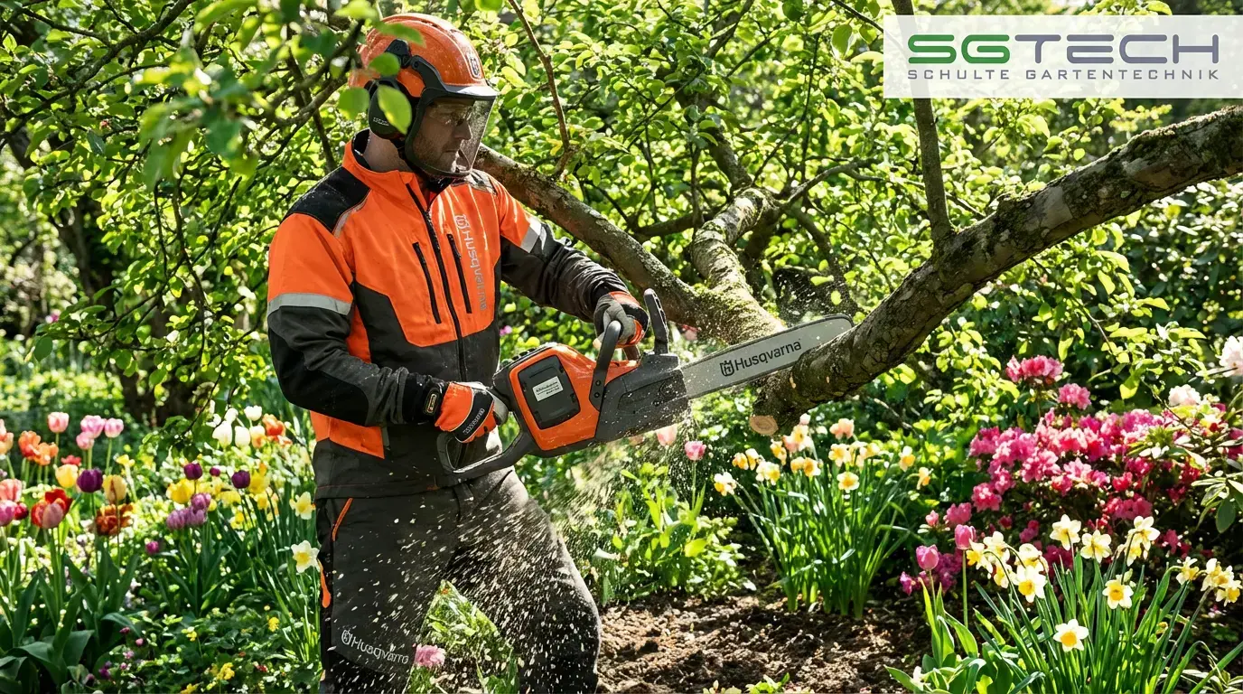 Ein Mann verwendet die Husqvarna 230I (35) Motorsäge zum Baumschneiden in einem blühenden Frühlingsgarten.