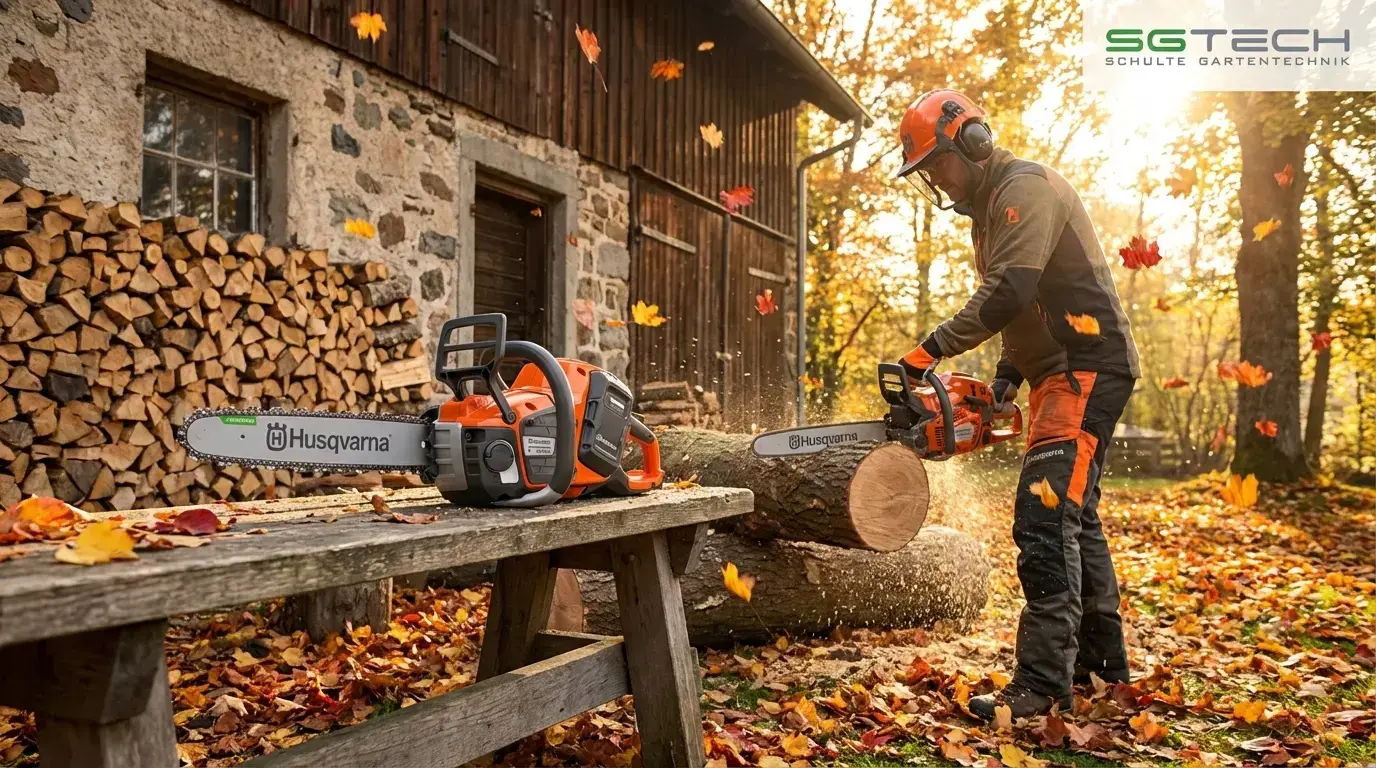 Herbstliches Bild einer Husqvarna 542IXPG (40) Motorsäge beim Brennholzzuschnitt neben einem Bauernhaus.