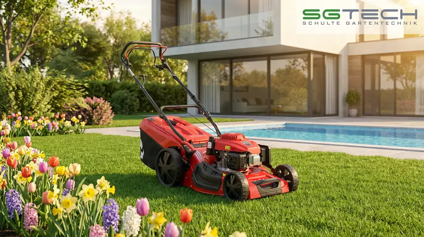Roter Solo by ALKO 5231SP-A Rasenmäher auf grünem Rasen vor modernem Haus mit Pool und blühenden Frühlingsblumen.