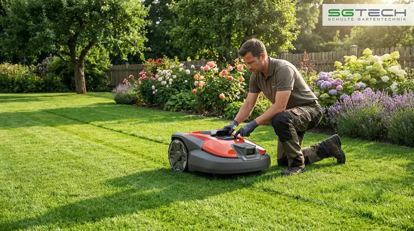 SGTech - Business-Services - Rasenroboter-Komplettservice - Rasenrober wird in Garten repariert