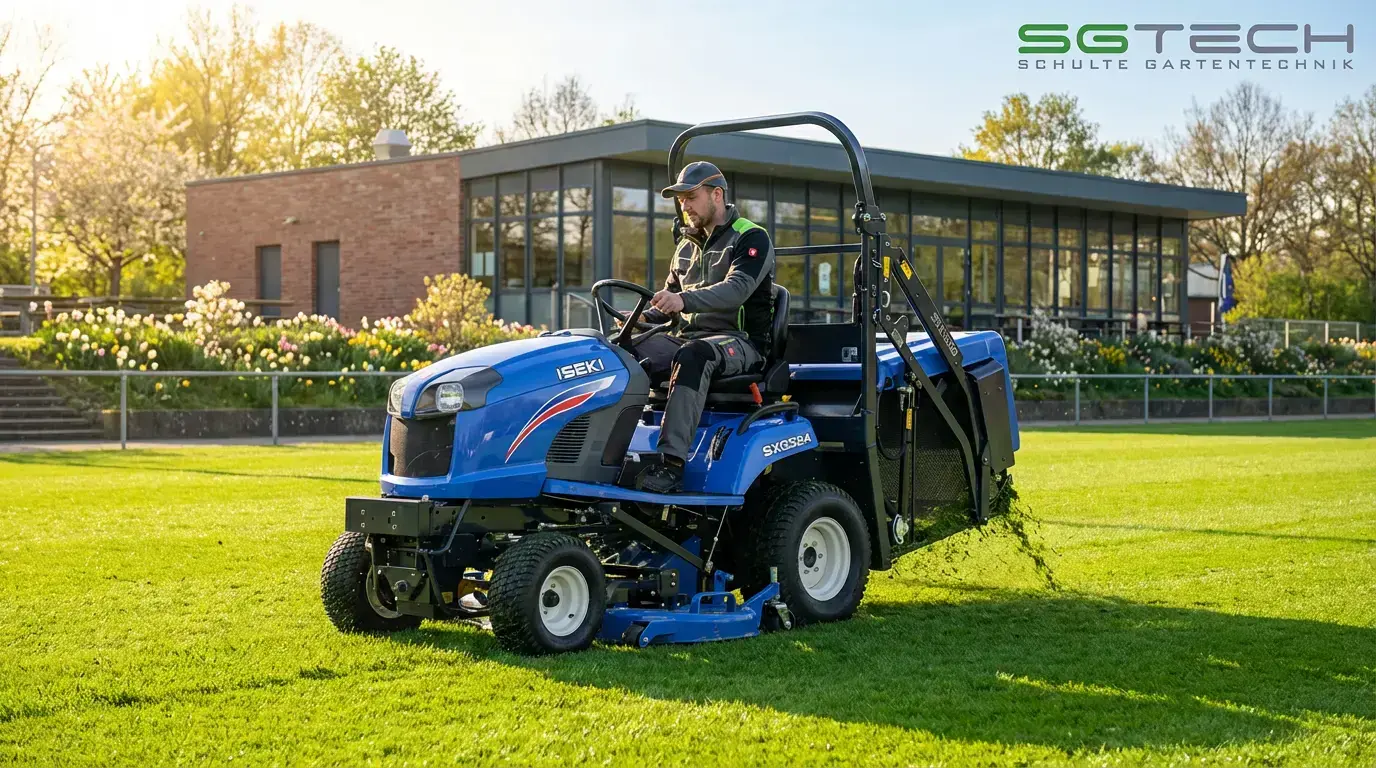 SGTech - Business-Services - Sport-Goldplätze - Traktor auf einem Sportplatz im Sommer