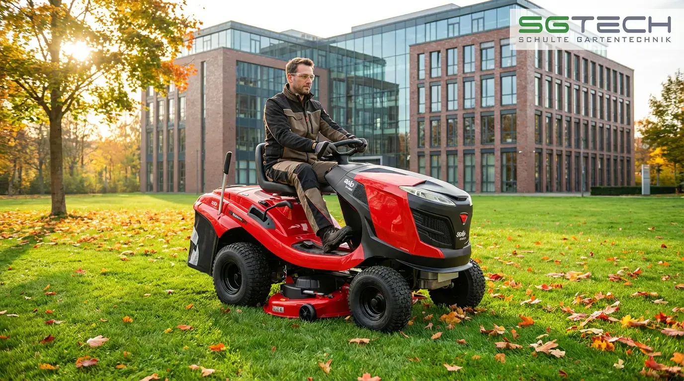 SGTech - Business-Services - Facility-Management - Rasentraktor vor Firmengebäude