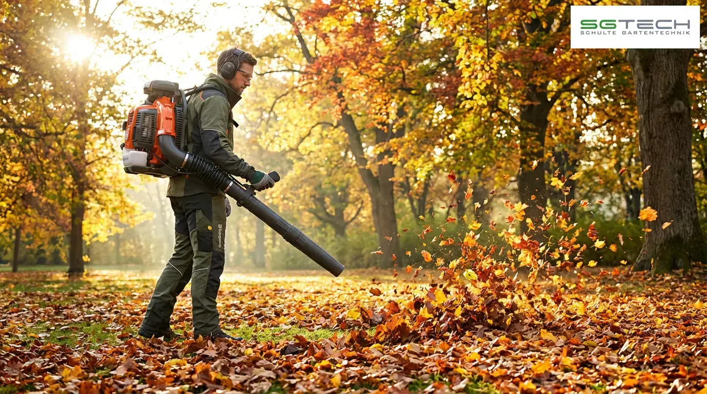 Ein Mitarbeiter nutzt einen Husqvarna 580BTS Laubbläser, um im Herbst Laub im Park zu entfernen. Laubarbeit im Sonnenschein.