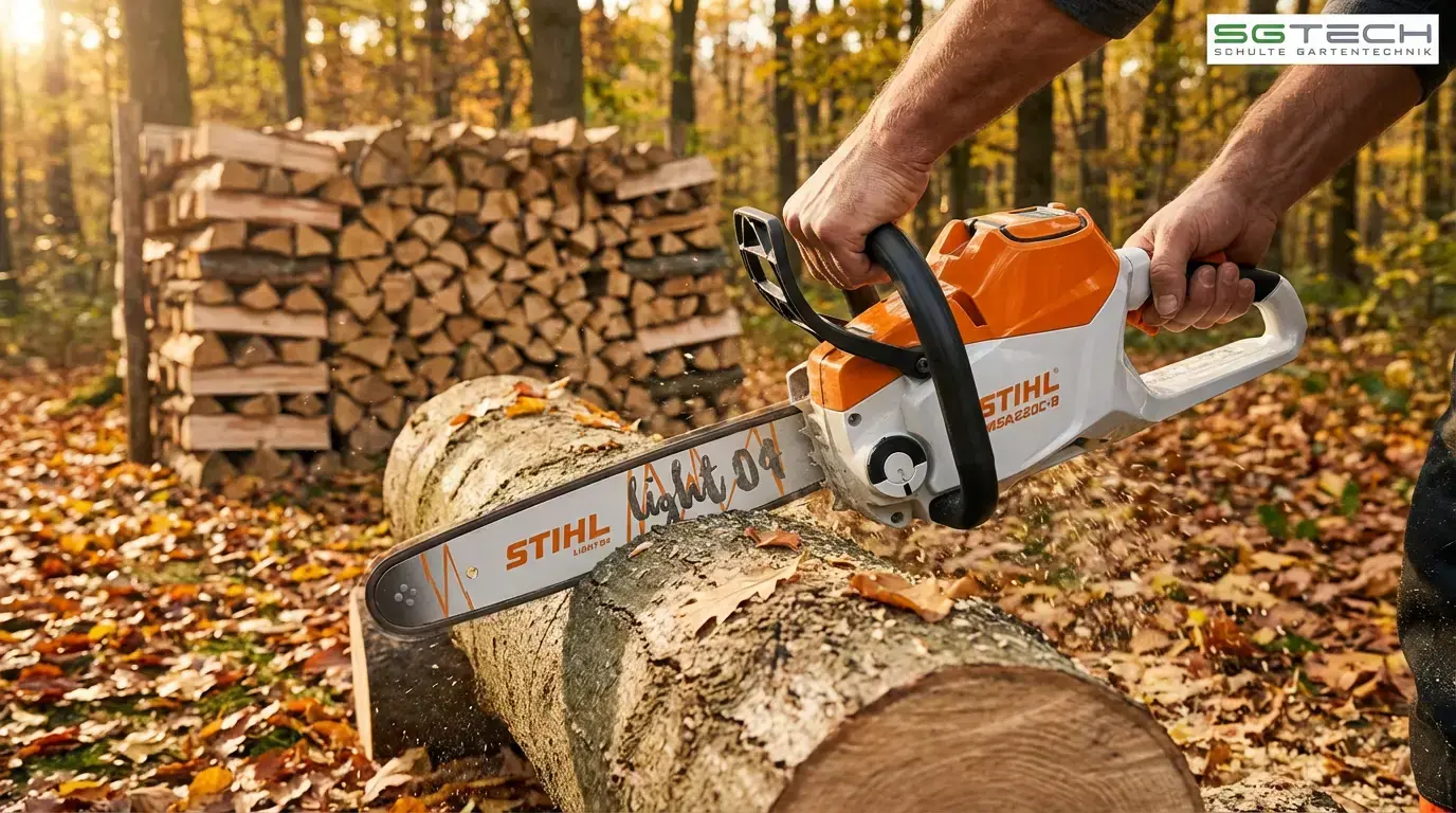 Nahaufnahme eines Mannes, der mit der Stihl Motorsäge MSA220C-B (35) Brennholz im herbstlichen Wald schneidet. Im Hintergrund ist ein Holzstapel.