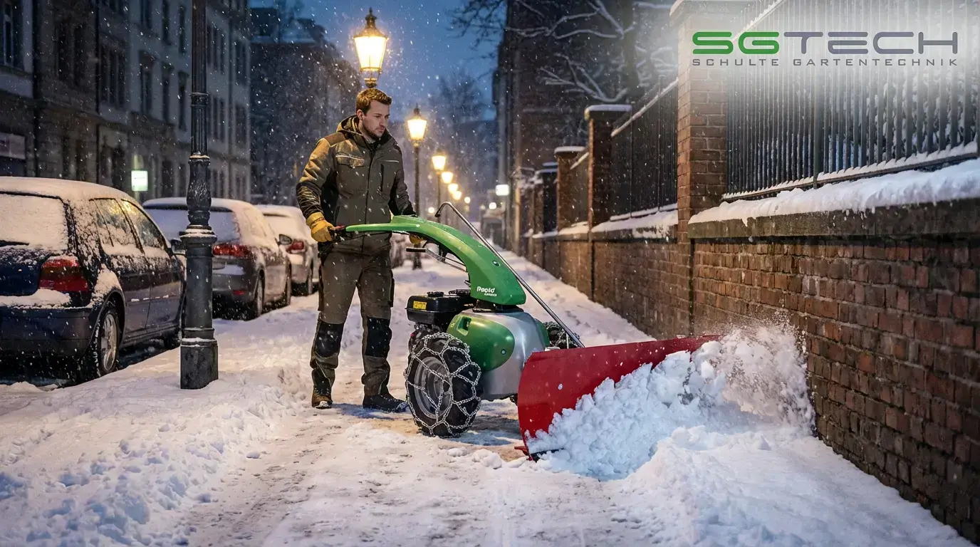 Mann im Winterdienst mit Rapid MONDO M091 Einachser räumt Schnee auf einem Innenstadt-Gehsteig am Abend. Rechts Hausmauer, links parkende Autos.