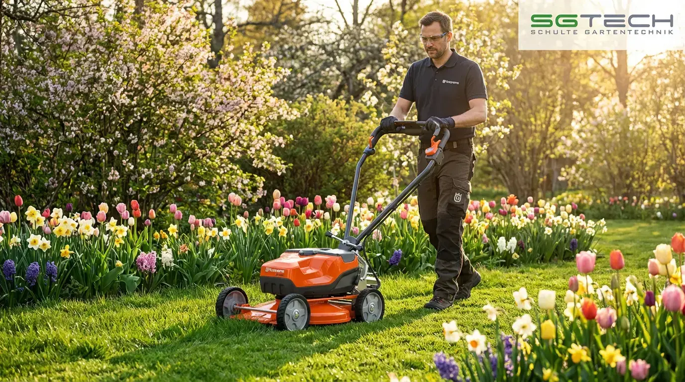 Mann mäht grünen Rasen mit Husqvarna Rasenmäher LB442I im Frühlingsgarten. Bunte Blumen und blühende Bäume im Sonnenlicht.