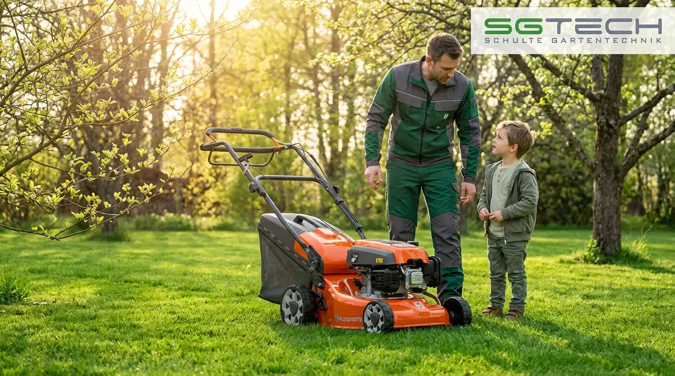 Ein Vater lehrt seinen Sohn über die sichere Bedienung des Husqvarna LC140SP Rasenmähers im grünen Frühlingsgarten. Wichtige Sicherheitshinweise werden erklärt.