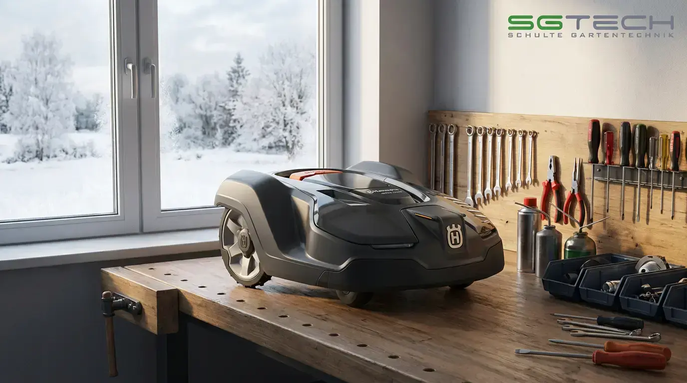 Husqvarna 305E NERA EPOS Rasenroboter steht auf einer Werkbank im Winter.