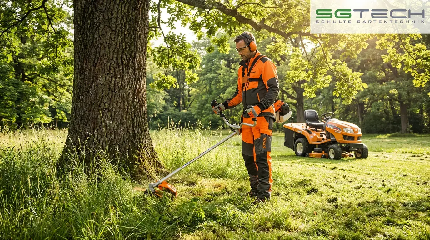 Ein Mann benutzt eine Stihl FS94C-E Motorsense, um im Sommer Gras in einem Park zu schneiden.