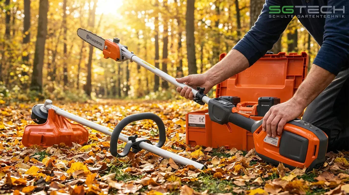Husqvarna 525ILK Kombigeräte mit Hochentaster- und Trimmeraufsatz, Akkus in Transportbox im herbstlichen Garten.