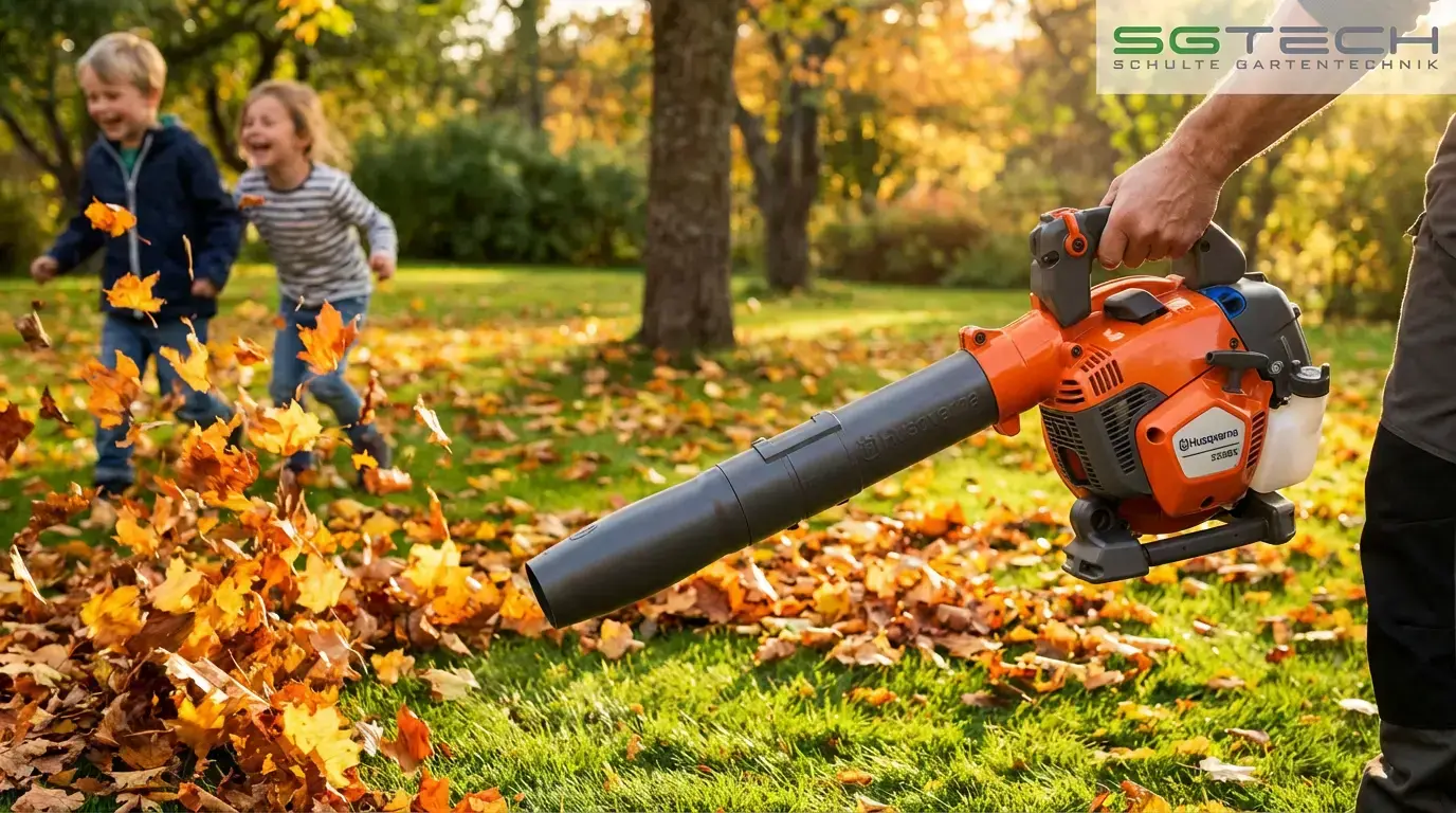 Ein Vater benutzt den orangefarbenen Husqvarna 525BX Laubbläser, um Blätter im Garten zu räumen, während Kinder im Herbst spielen.