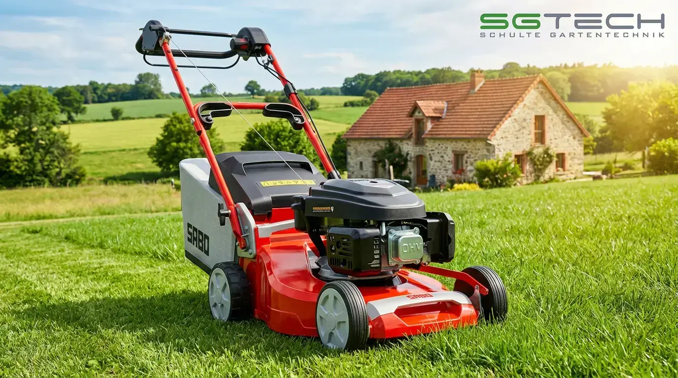 Sabo 47-VARIO Rasenmäher auf frisch gemähtem Rasen vor einem Bauernhof im Sommer. Die Sonne scheint auf die Szene.