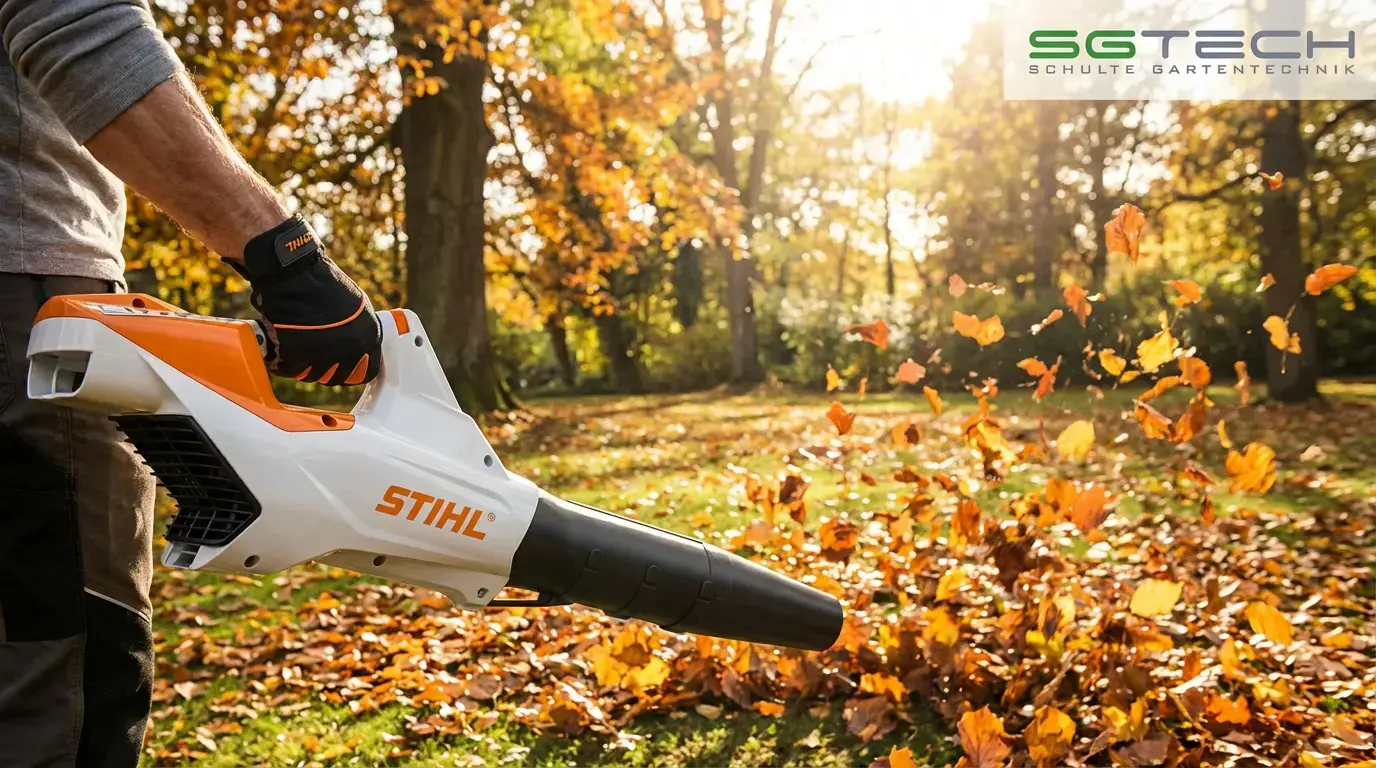 Eine Person verwendet den Stihl BGA86 Laubbläser, um herbstliche Blätter auf einem Rasen wegzublasen. Sonniges Herbstwetter im Hintergrund.
