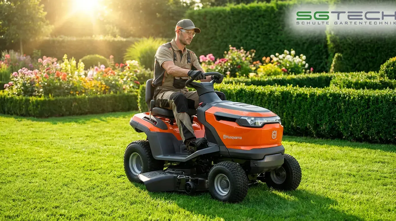 Ein Mann fährt einen orangefarbenen Husqvarna TS100I Rasentraktor auf einem gepflegten Rasen.