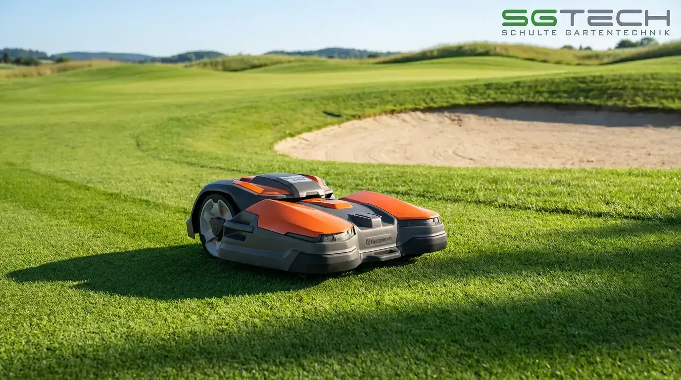 Husqvarna CEORA 546 EPOS Rasenroboter mäht einen Golfplatz. Orange-grauer Rasenroboter vor grünen Hügeln und Sandbunker im Sonnenschein.