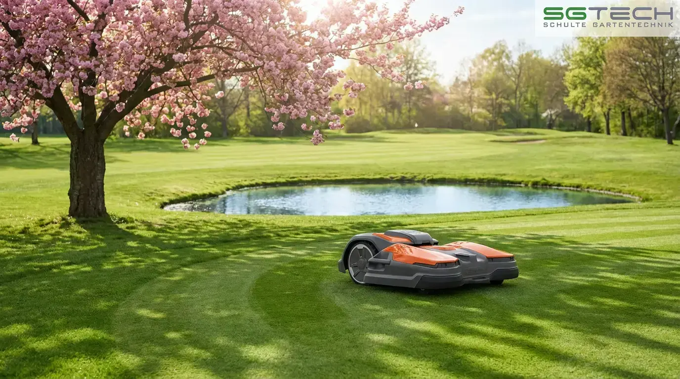 Husqvarna CEORA 546 EPOS Rasenroboter mäht Golfplatz. Bunker, kleiner Teich und blühender Baum im Hintergrund im Frühling.