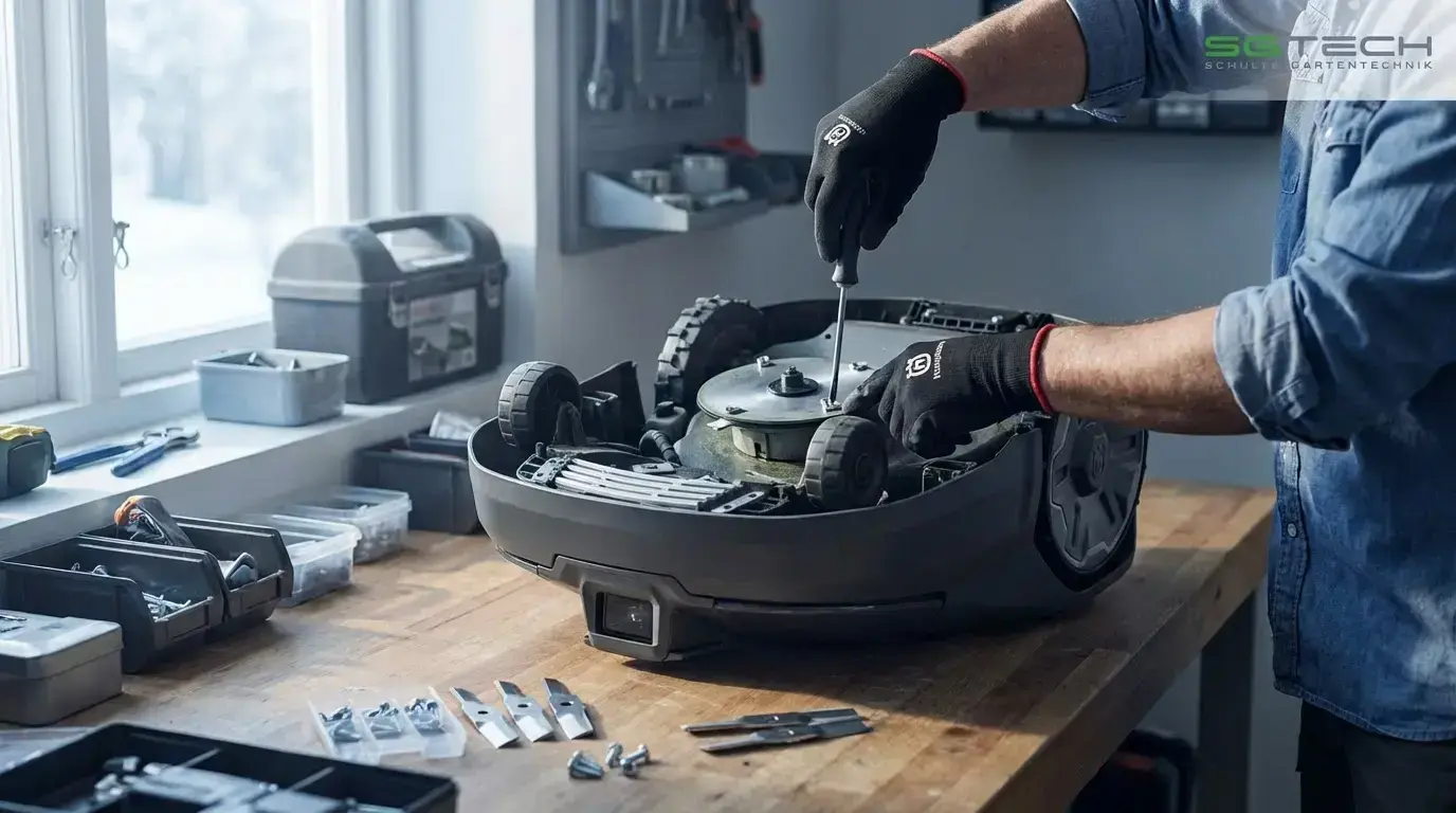 Eine Person wechselt die Messer eines Husqvarna 308V Rasenroboters auf einer Werkbank. Ersatzteile liegen bereit.