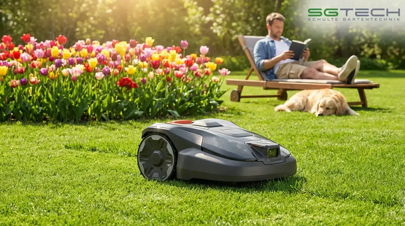Husqvarna 312V Rasenroboter mäht Rasen. Mann liest auf Liegestuhl, Hund liegt. Buntes Tulpenbeet im sonnigen Garten.