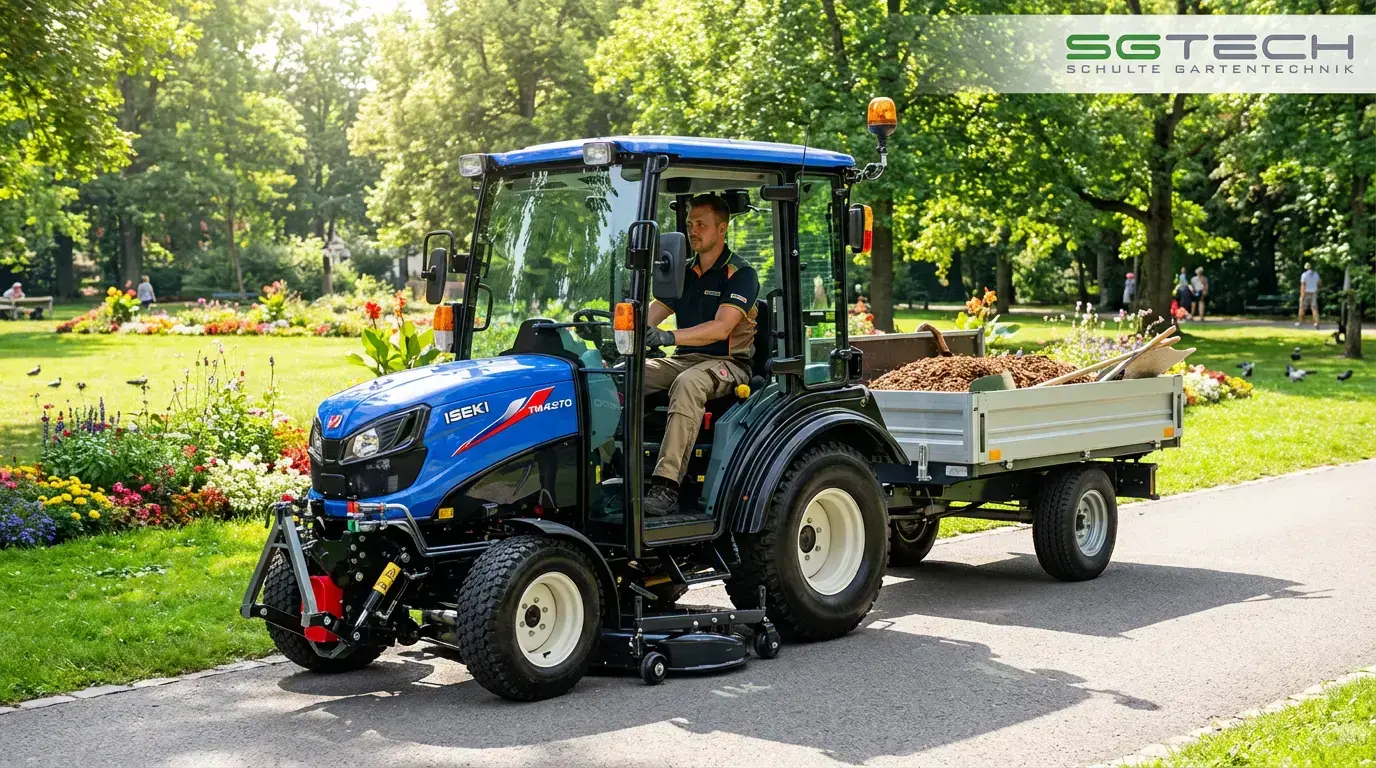 Iseki TM4270AHLK Traktor mit Anhänger in einer gepflegten Parkanlage im Sommer.