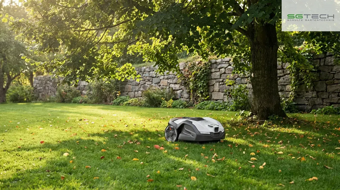 Ein Husqvarna 410VE NERA Rasenroboter mäht den Rasen in einem herbstlichen Garten.