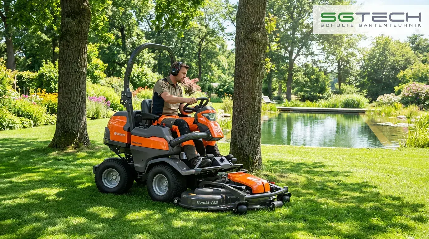 Husqvarna P524XEFI Rider mäht einen weitläufigen Garten mit vielen Bäumen und einem großen Schwimmteich im Hintergrund bei sonnigem Wetter.