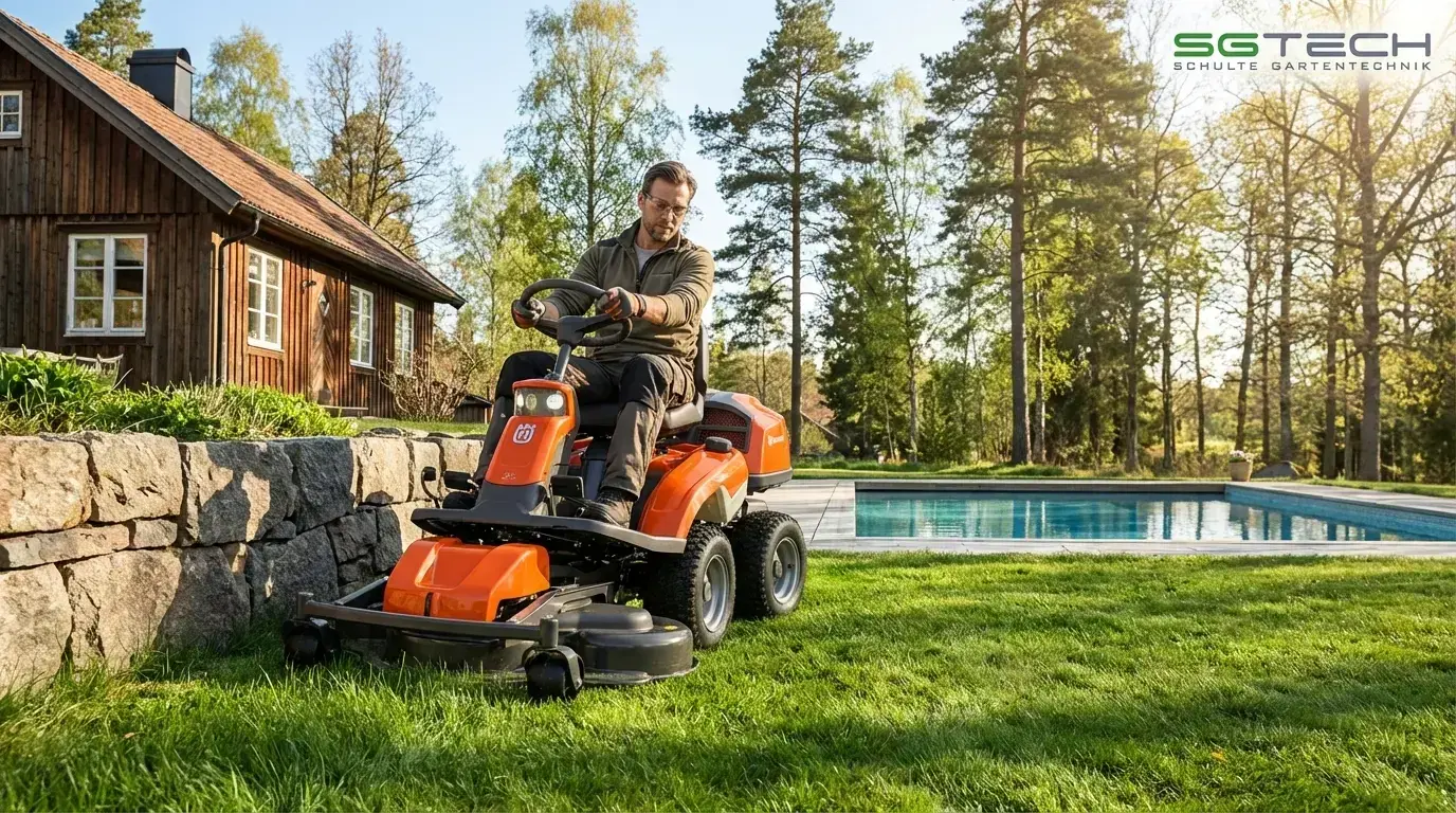 Ein Mann fährt einen Husqvarna R316TX AWD Rider und mäht den Rasen in einem Garten. Rider Kategorie.
