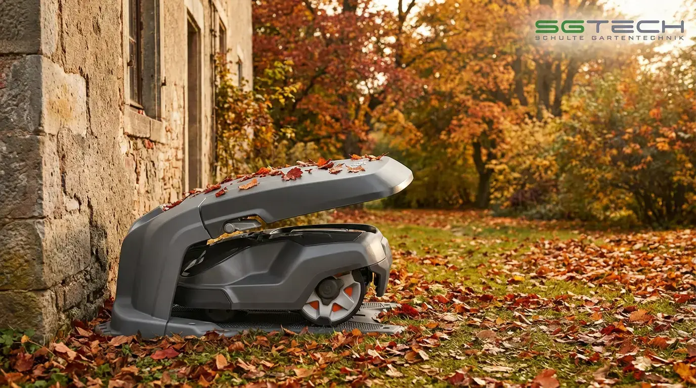 Husqvarna Automower Mähroboter in grauer Ladestation/Garage an Hauswand im herbstlichen Garten mit Laub. Roboter ist sauber.