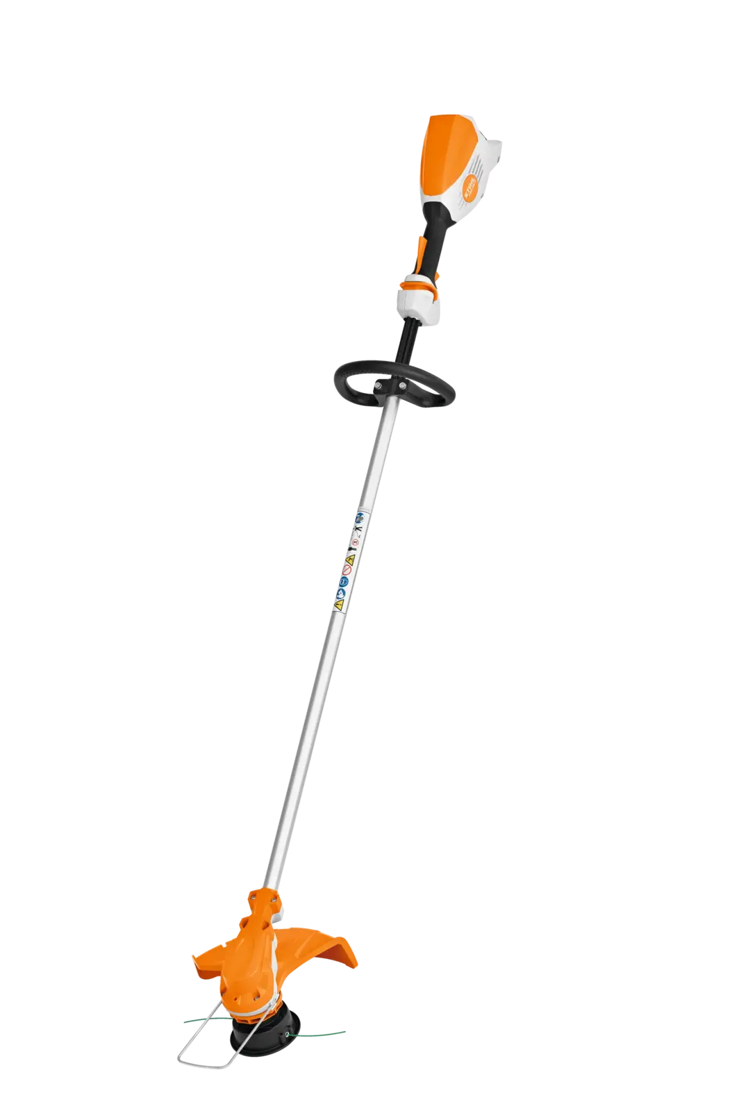 Stihl FSA60R Akku-Trimmer in Orange und Weiß, senkrecht stehend, mit Fadenkopf.