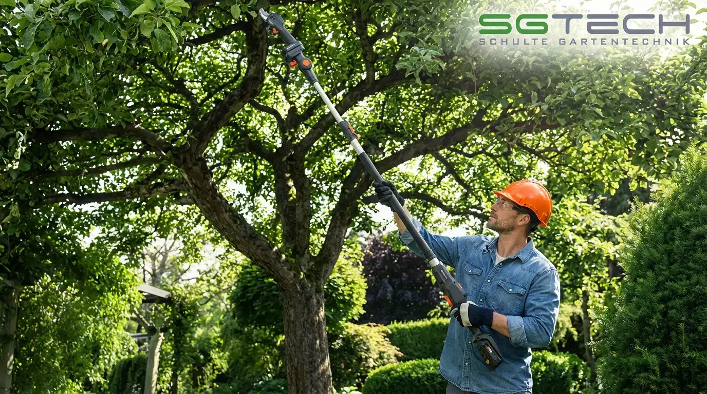 Frau mit Schutzhelm schneidet Äste mit der Husqvarna ASPIRE PS30X TELE Astschere in einem frühlingshaften Garten. Konzentrierter Blick nach oben.