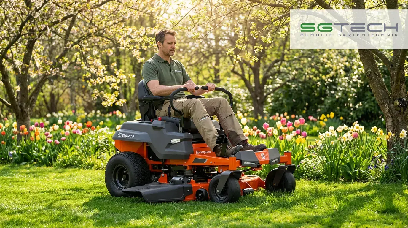 Ein Mann fährt einen Husqvarna Z342IF Zero Turn Mäher durch einen farbenfrohen Frühlingsgarten mit Tulpen und blühenden Bäumen.
