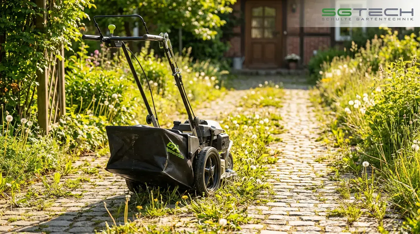 Gepa UJ400 Wildkrautbürste auf einem sonnigen, mit Gras und Löwenzahn bewachsenen Pflasterweg, der zum Haus führt. Sommerliche Gartenarbeit.