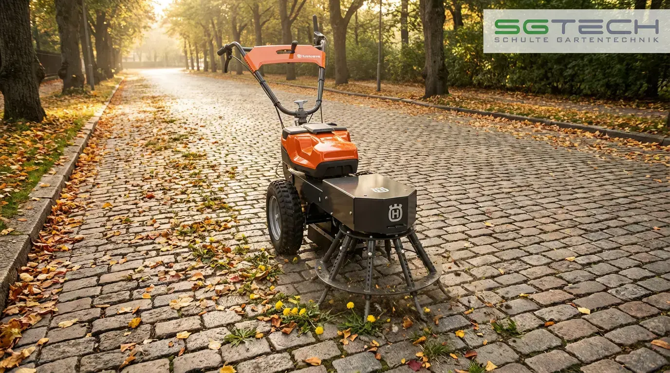 Eine Husqvarna WB560I Wildkrautbürste reinigt eine lange, von Herbstlaub bedeckte Pflastersteinstraße von Unkraut.