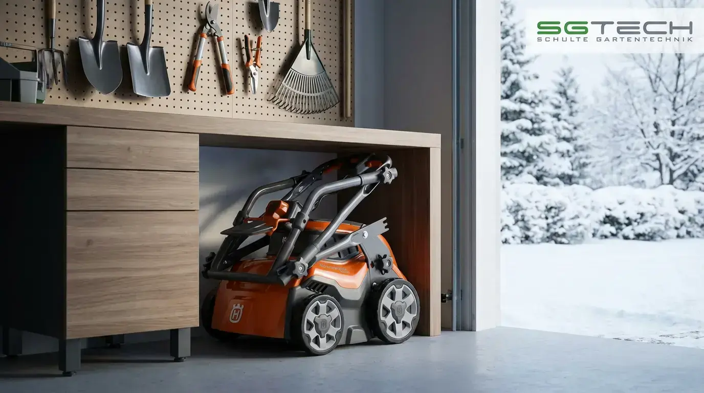 Husqvarna S138I Vertikutierer in einer modernen Garage unter einem Tisch verstaut, daneben weitere Gartengeräte an der Wand und Schnee draußen.