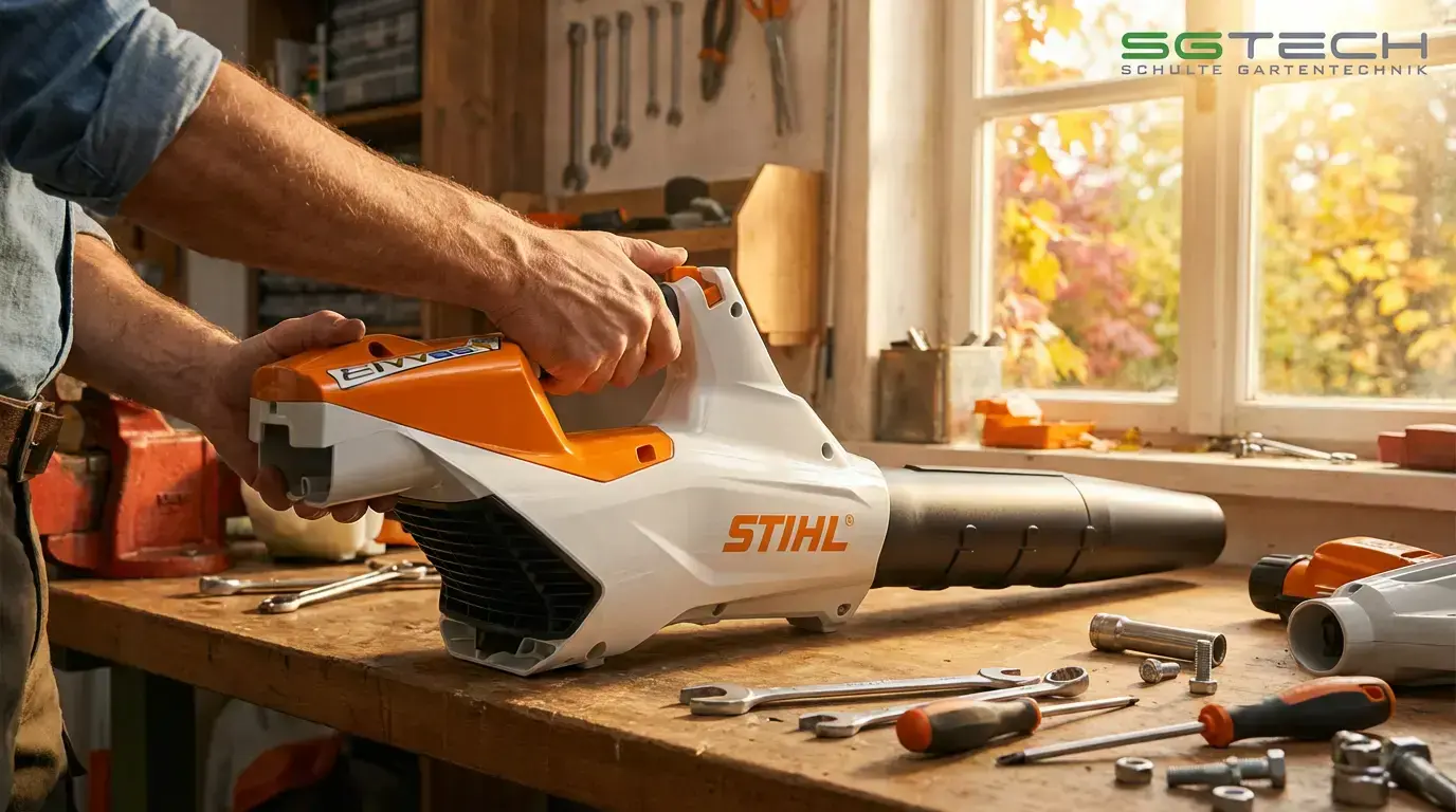Nahaufnahme eines Mannes, der einen Stihl BGA86 Laubbläser auf einer Werkbank repariert. Werkzeuge liegen bereit, herbstliche Bäume im Hintergrund
