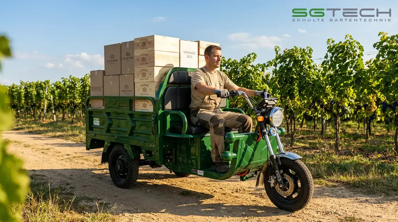 Carello LDR-SMART Lastendreirad: Winzer transportiert Weinkartons vor einem Weingut im Sommer.