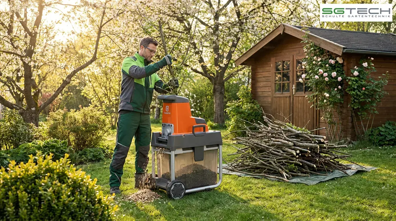 Ein Mann benutzt einen Husqvarna GS340IS Häcksler im Garten, um Äste zu zerkleinern.