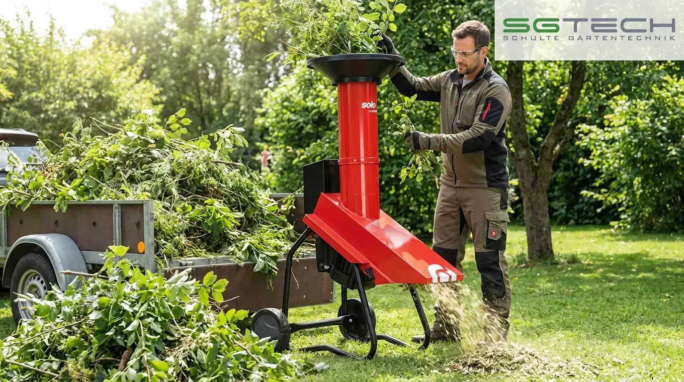 Solo by ALKO TCS DUOTEC 3000 Häcksler. Mann häckselt Grünschnitt im Garten, Auswurf unten. Anhänger voller Schnittgut daneben.