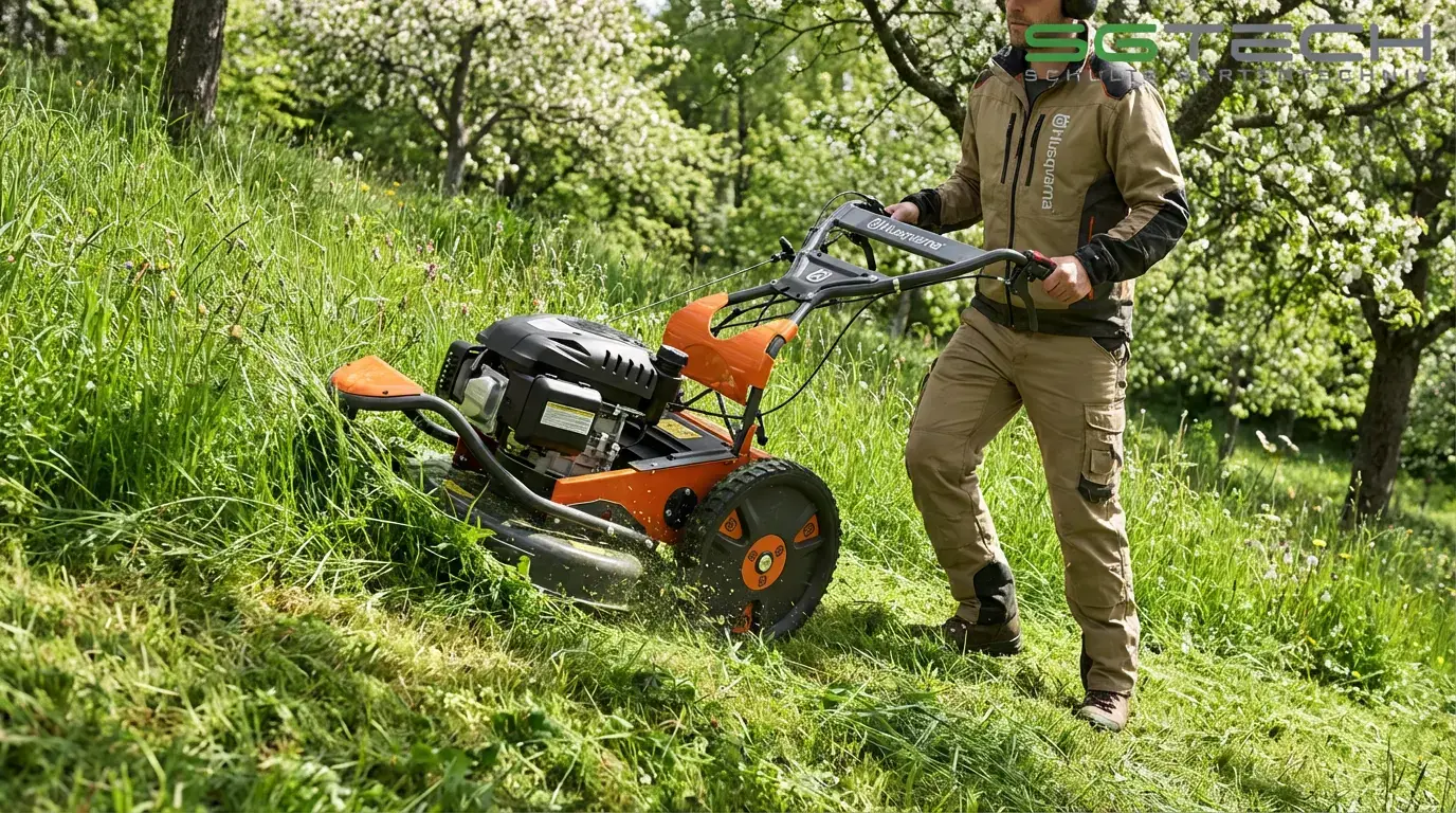 Ein Husqvarna DB551 Hochgrasmäher mäht hohes Gras auf einer Böschung. Frühling.
