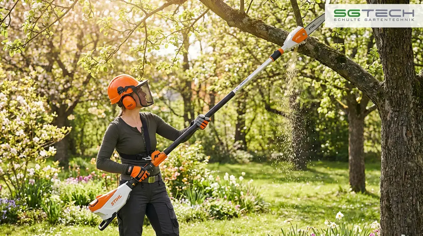 Frau in Schutzausrüstung schneidet Äste mit dem Stihl HTA86 Hochentaster in einem sonnigen Garten. Späne fliegen.