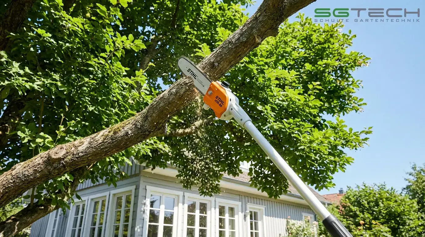 Stihl HTA 85 Hochentaster im Einsatz. Das Gerät schneidet einen dicken Ast vor grünen Baumblättern und Hausfassade im Sommer.
