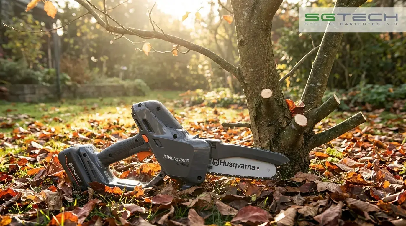 Husqvarna ASPIRE P5 Astsäge neben einem kleinen Baum mit abgeschnittenen Ästen im herbstlichen Garten.