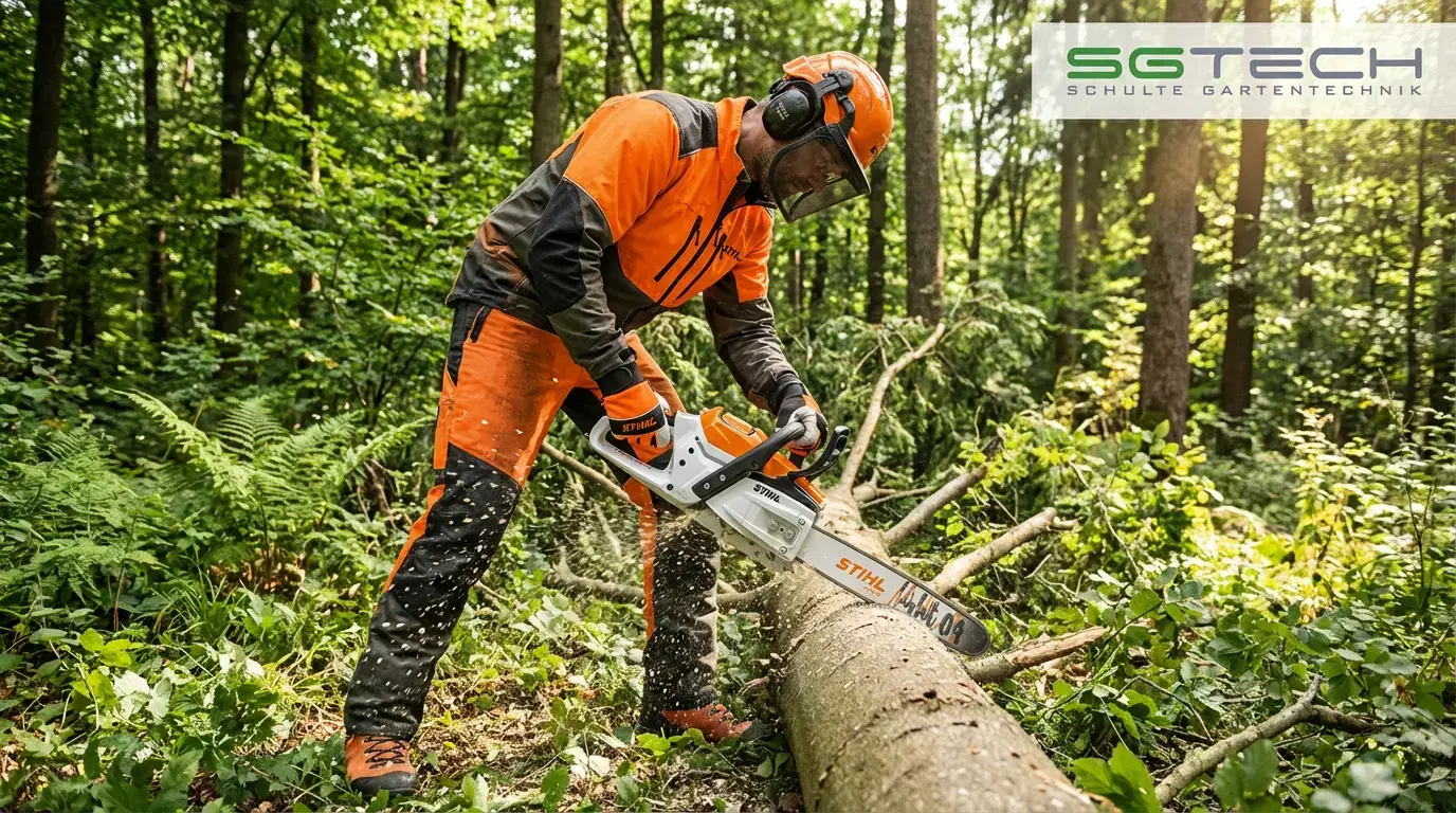 Ein Waldarbeiter mit Schutzkleidung benutzt eine Stihl MSA300C-O Motorsäge zum Entasten eines Baumes.