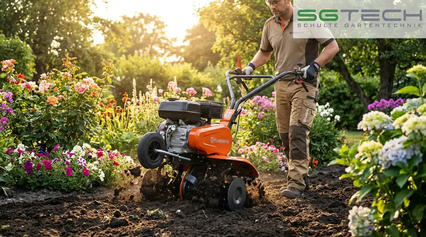 Ein Mann bearbeitet ein Beet mit der Husqvarna TF325 Motorhacke im Garten.