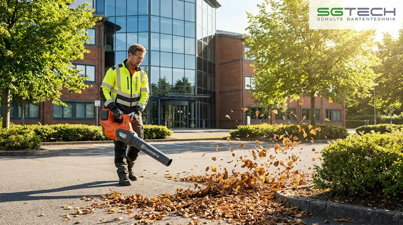 Ein Mann benutzt einen Husqvarna 530IB Laubbläser, um Laub auf einem Parkplatz zusammenzukehren. Laub entfernen.