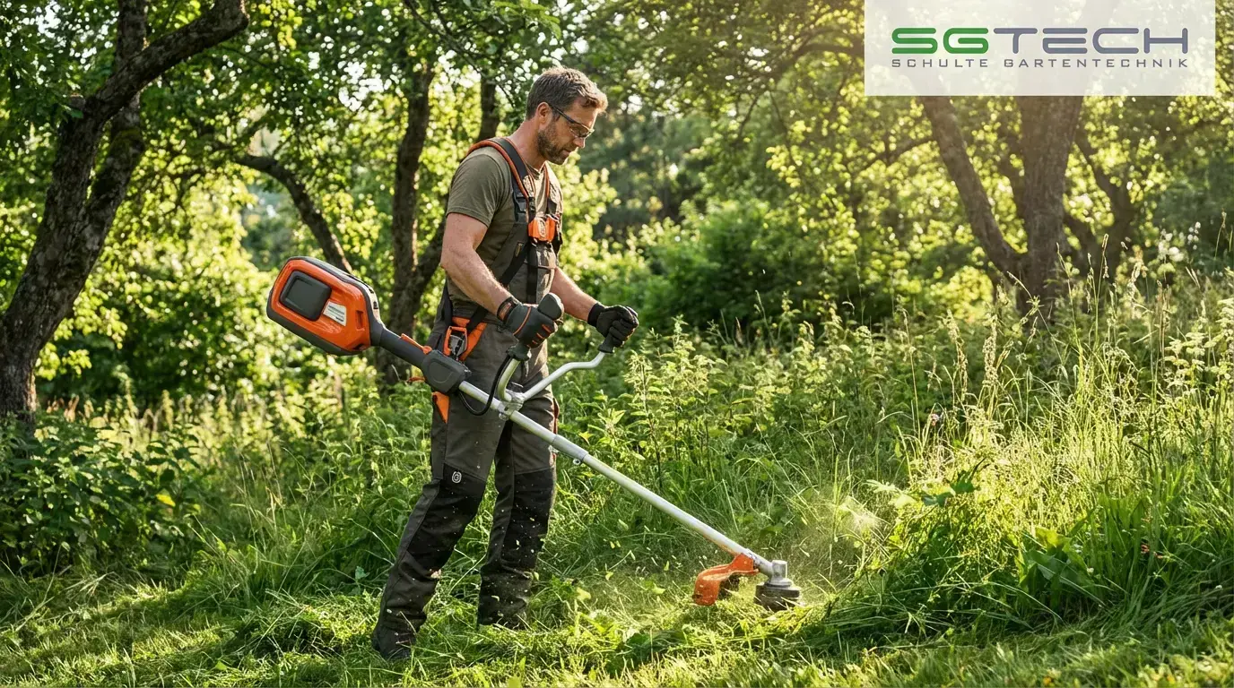 Ein Mann arbeitet mit dem Husqvarna 525ILK Kombigeräte im Garten, um hohes Gras zu schneiden.