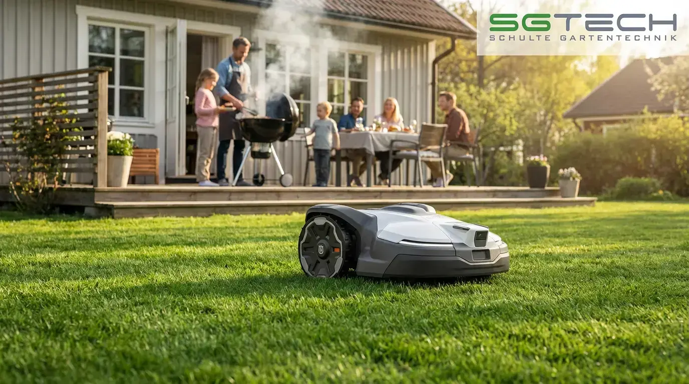 Ein Husqvarna 430V NERA Rasenroboter mäht einen gepflegten Rasen im Frühling, während eine Familie grillt.
