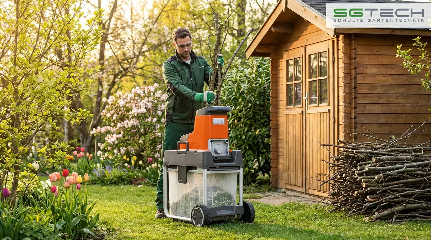 Ein Mann benutzt einen Husqvarna GS340IS Häcksler im Garten, Frühling. Äste werden zerkleinert.