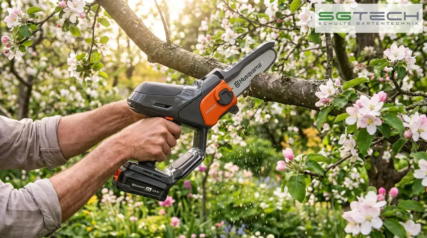 Ein Mann schneidet einen Ast mit der Husqvarna ASPIRE P5 Astsäge im Garten. Nahaufnahme der Säge in Aktion.